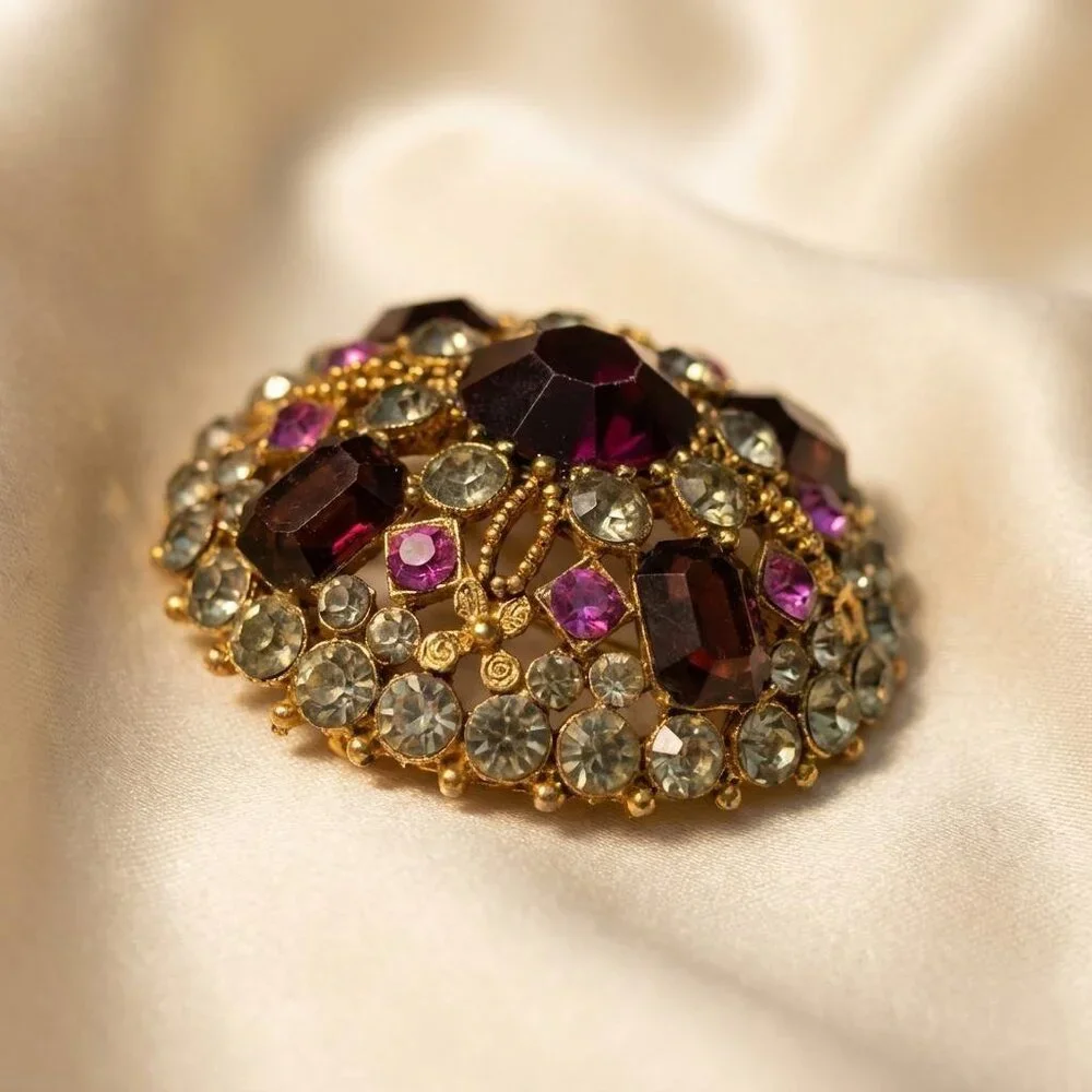 Capri Rhinestone Dome Brooch Gold Tone Deep Garnet Pink Statement – 1.9”